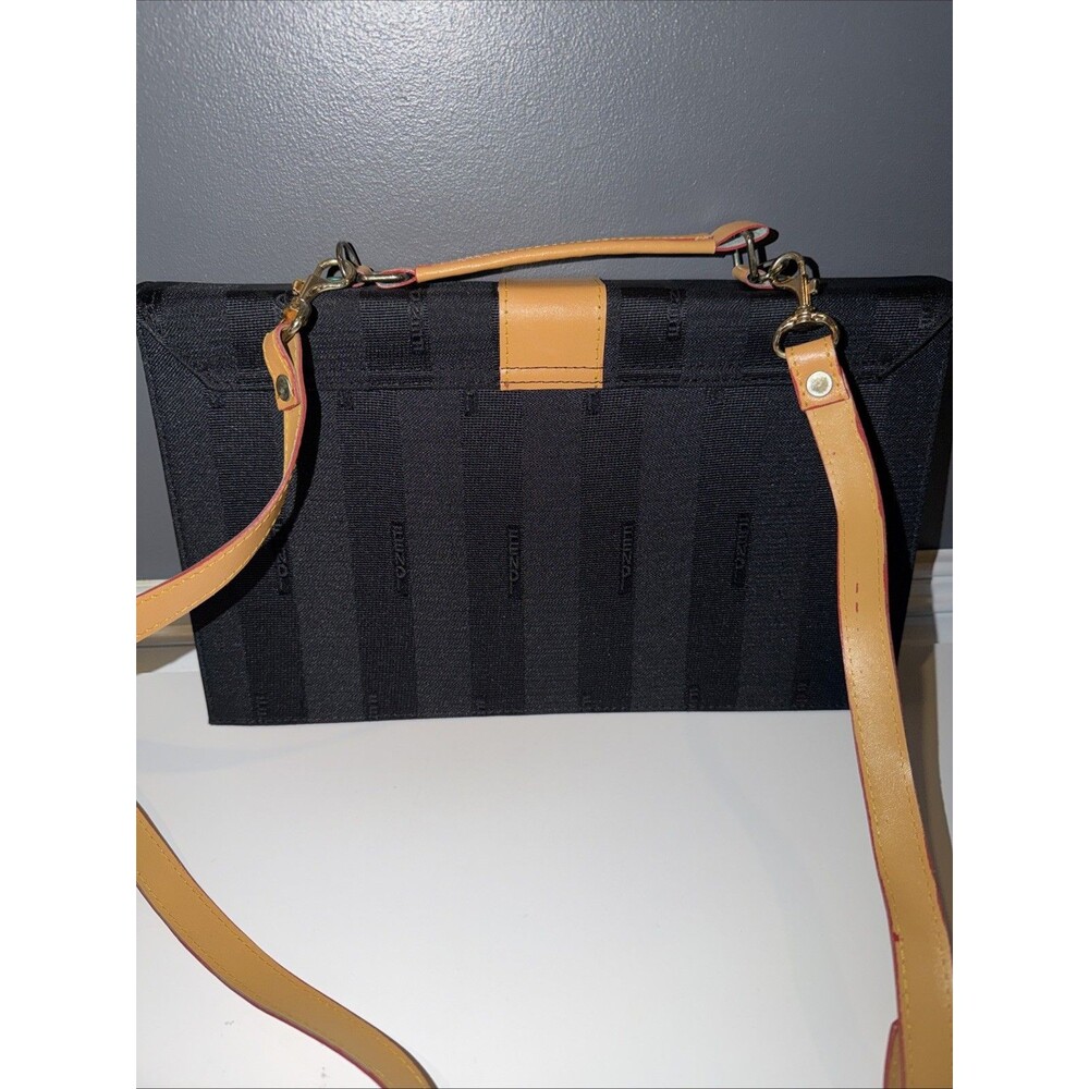 Vintage Purse Striped Briefcase Satchel Bag Canvas Handle Strap Black Tan - Picture 4 of 13